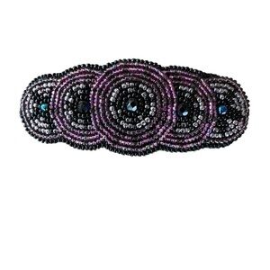 Vintage Seed Beaded Overlapping Circle Hair Clip Purple Black Taiwan 4”
